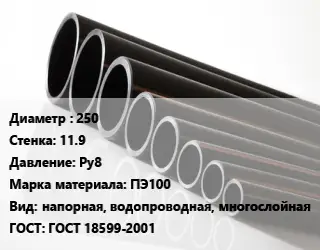 Труба полиэтиленовая 250х11.9 Ру8 ПЭ100 напорная, водопроводная, многослойная ГОСТ: ГОСТ 18599-2001